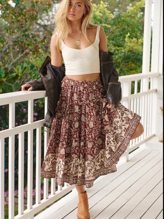In Full Swing Printed Midi Skirt- Chocolate ~ Free People - Picture 1 of 5